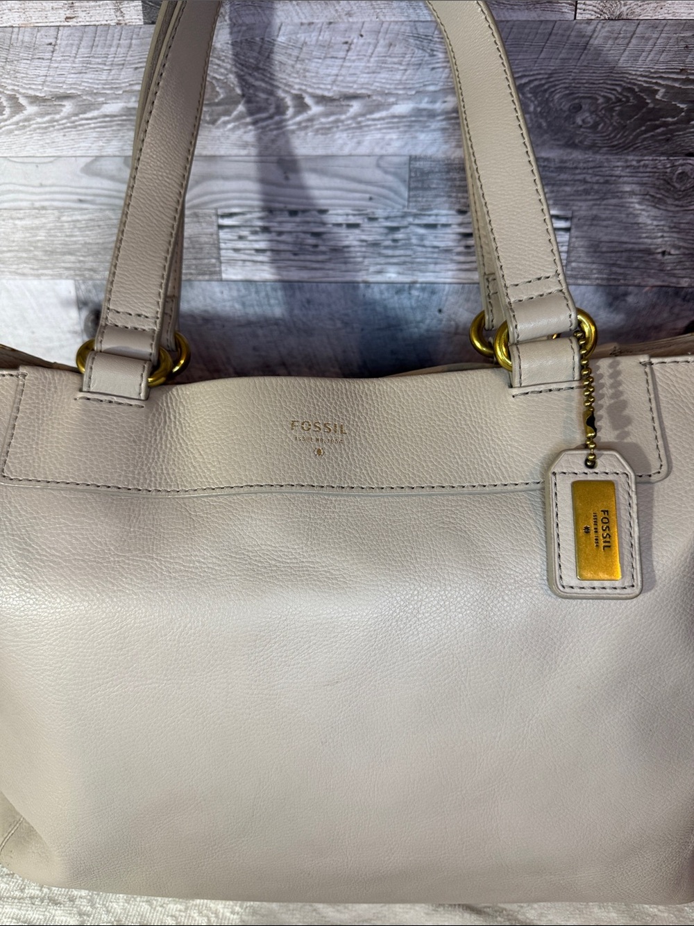 Fossil Leather Tote in Pale Gray with Gold Accents